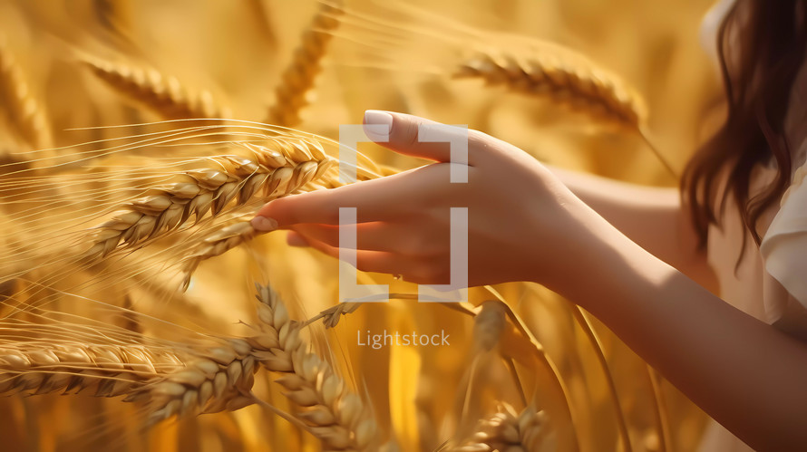 Hand Touch Wheat field cultivation grain. AI Generative