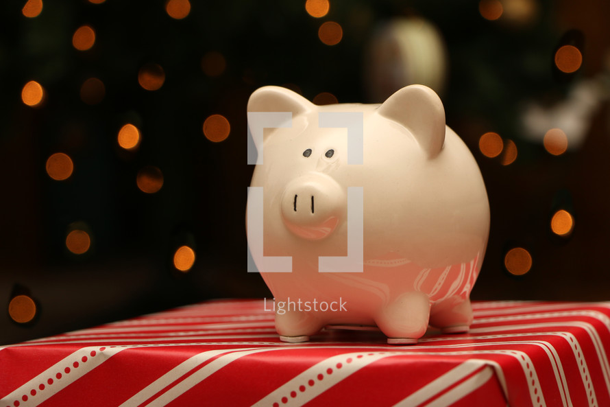 piggy bank on a Christmas present 