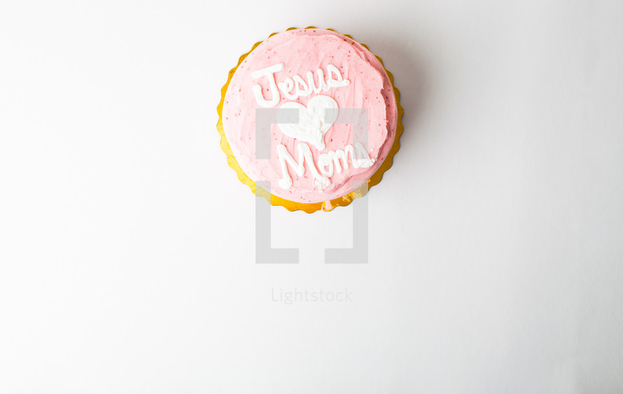 Cupcake frosted with "Jesus Loves Moms."
