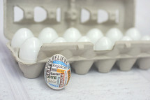 Easter egg in an egg carton full of plain white eggs 