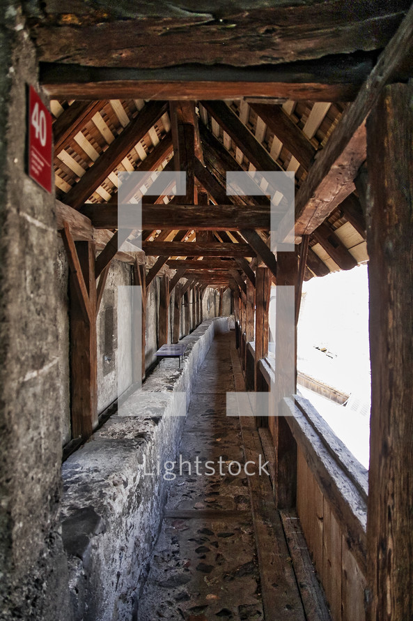 covered walkway on a castle in Switzerland