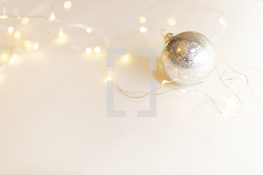 silver ornaments and fairy lights 