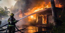 A firefighter fights a blazing fire burning in a building located in a tropical environment with a firehose.