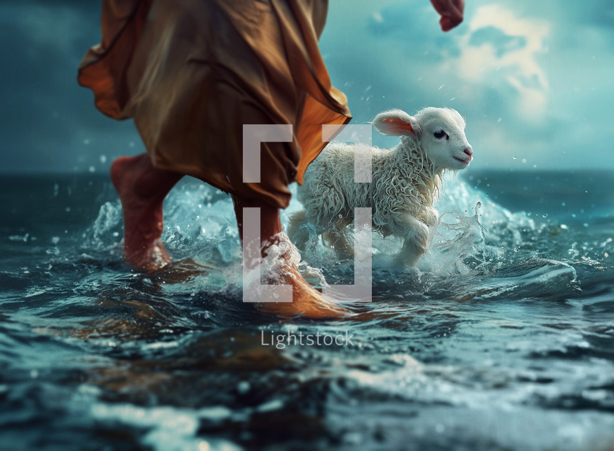 Jesus walks with lamb on the water