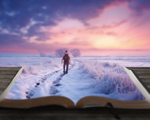 A man walks on a surreal snowy Bible landscape