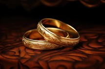 Sacrament: Matrimony. Wedding rings on a brown background. Closeup shot.