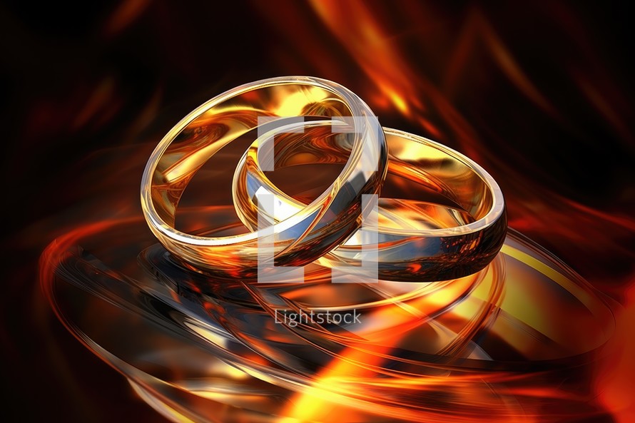 Sacrament: Matrimony. Wedding rings on fire background.