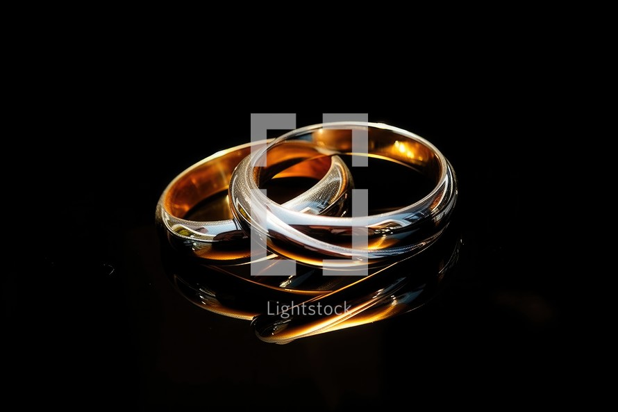 Sacrament: Matrimony. Wedding rings on a black background with reflection, close-up