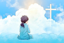 Illustration of a little girl praying on the ground with a cross in the background
