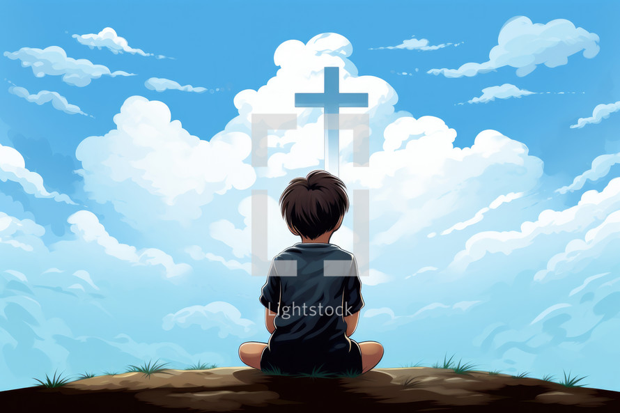 Cartoon illustration of a boy sitting on the hill and praying at the cross