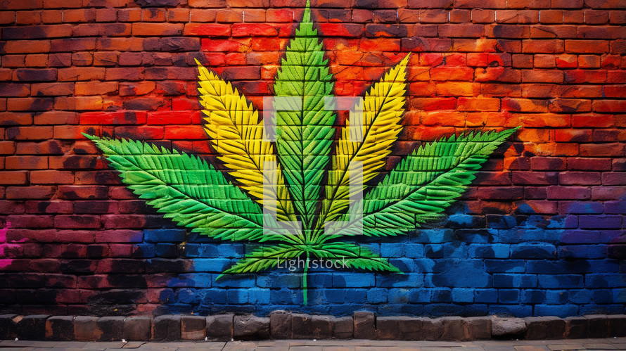 Spray painted marijuana leaf on a brick wall. 