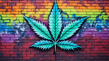 Spray painted marijuana leaf on a colorful brick wall. 