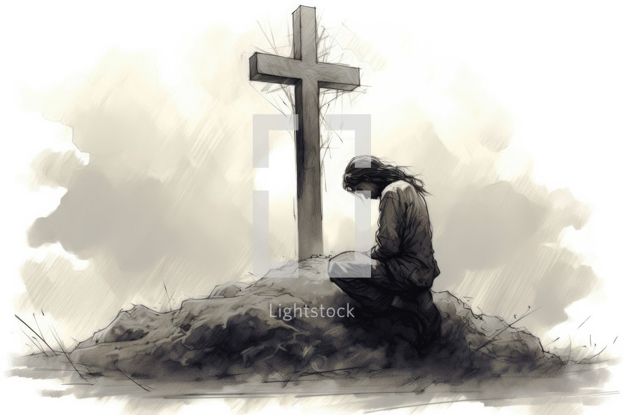 Illustration of a young woman praying on the ground with a cross in the background