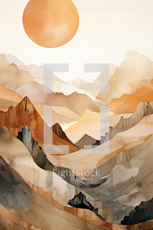Watercolor mountain landscape with sun and clouds. Illustration.