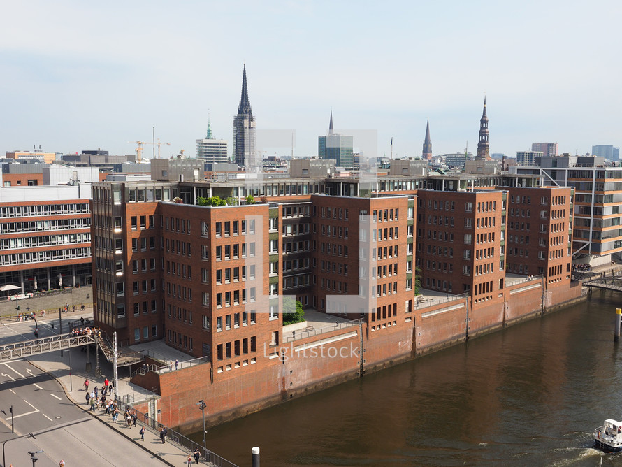 Aerial view of the city skyline seen from Hafencity in Hamburg, Germany