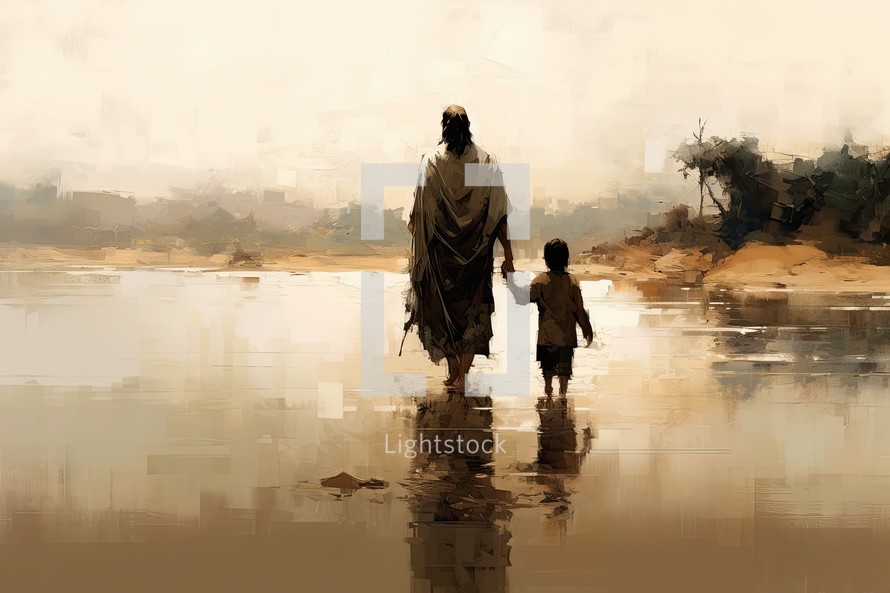 Jesus walking with a little boy on the river bank. Digital painting illustration.