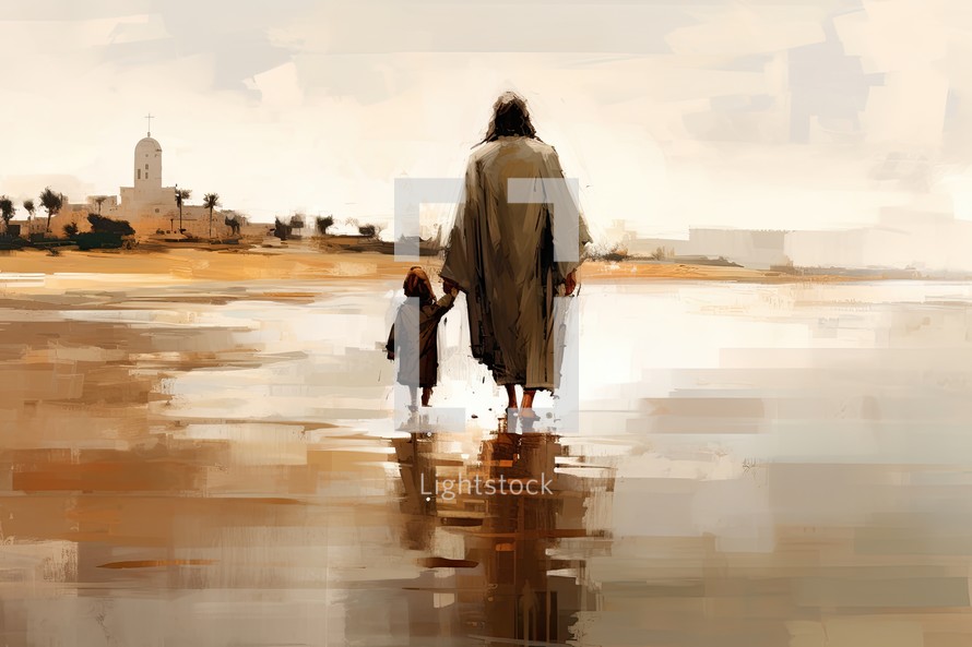 Jesus walking with a kid on the river bank. Digital painting illustration.