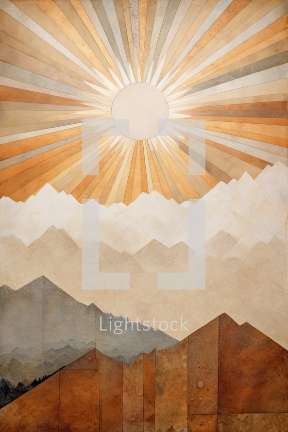 Retro background with sunbeams and mountains. Vintage style.