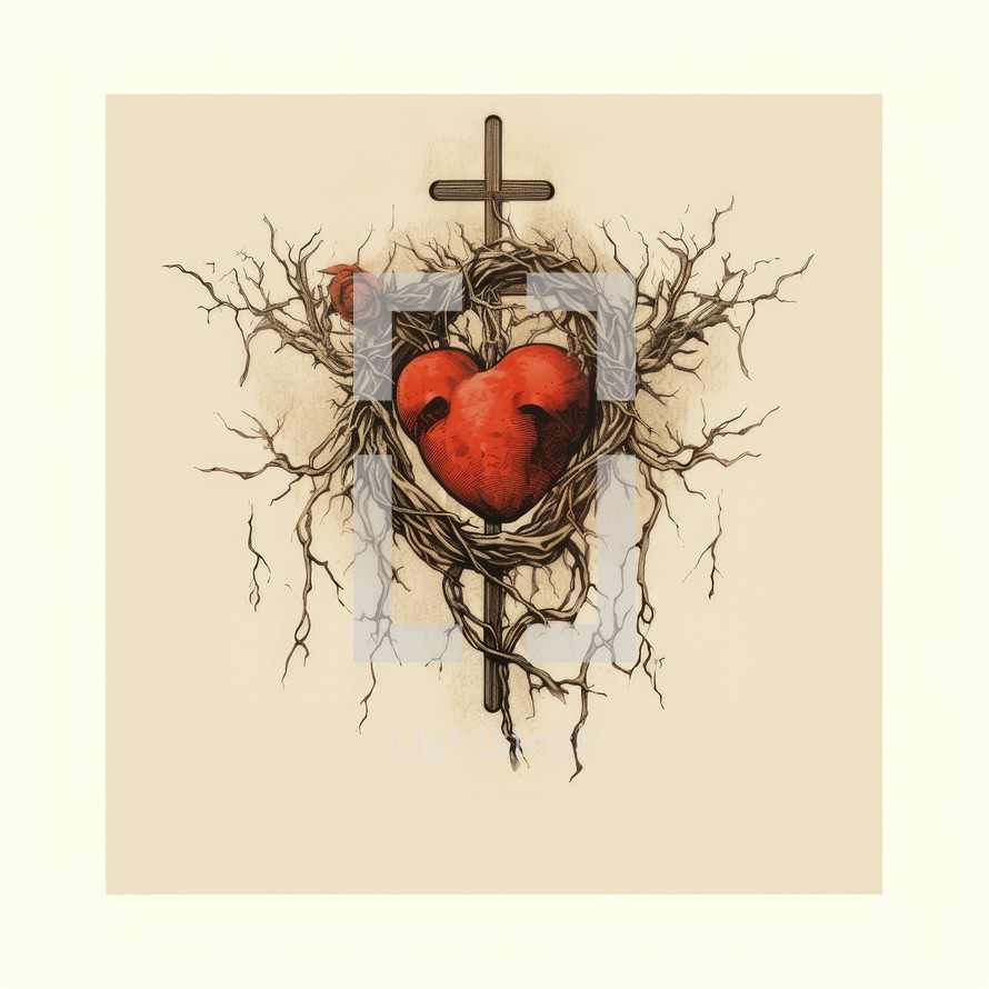 The Sacred Heart, a cross, heart and crown of thorns on a white background.