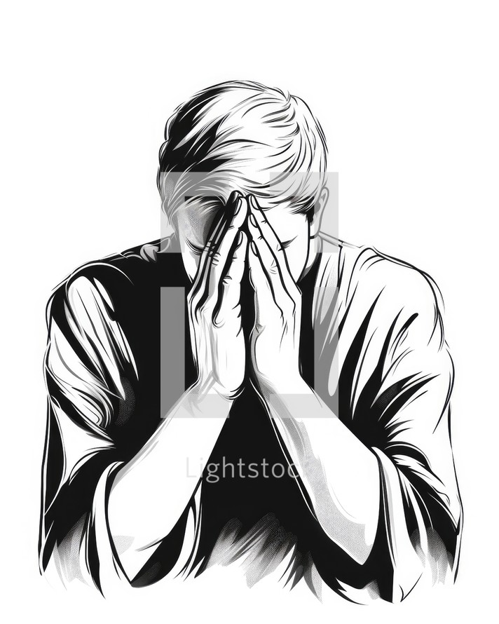 Man praying, hand drawn vector illustration, isolated on white background