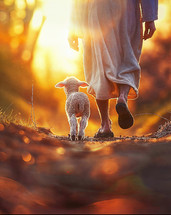 A small lamb walking with Jesus at sunset