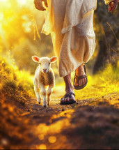 Lamb walking beside Jesus