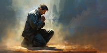 Man praying in front of a stormy sky with copy space