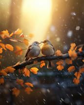 Two small birds in the rain taking care of each other and taking shelter among the leaves, 