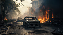 A scorched car wreck lies in the streets after a huge firestorm has hit a city block in a downtown area. Fires are still burning in the background and rubble fills the streets.