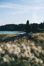 a woman sitting on a shore looking out at the water