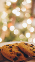 chocolate chip cookies in front of a Christmas tree 