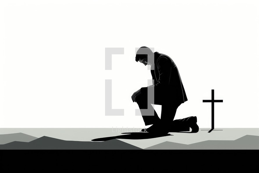 Silhouette of a man praying in front of a cross