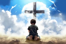 Little boy sitting on the hill and praying at the cross in the sky