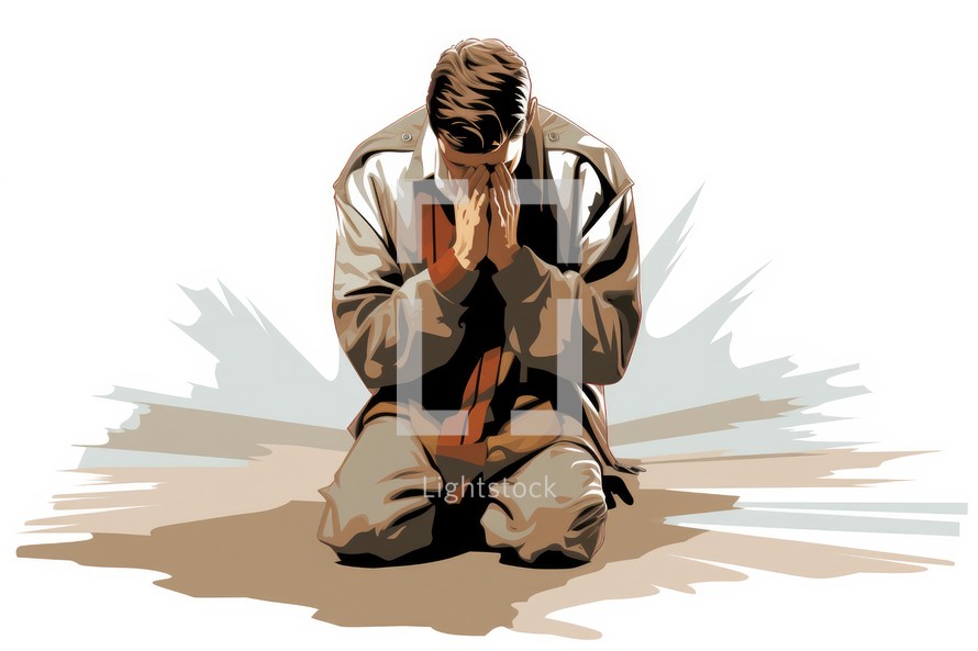 Man pray in front of the cross. Vector illustration