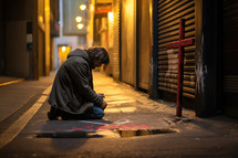 Homeless man praying on the sidewalk in front of a cross