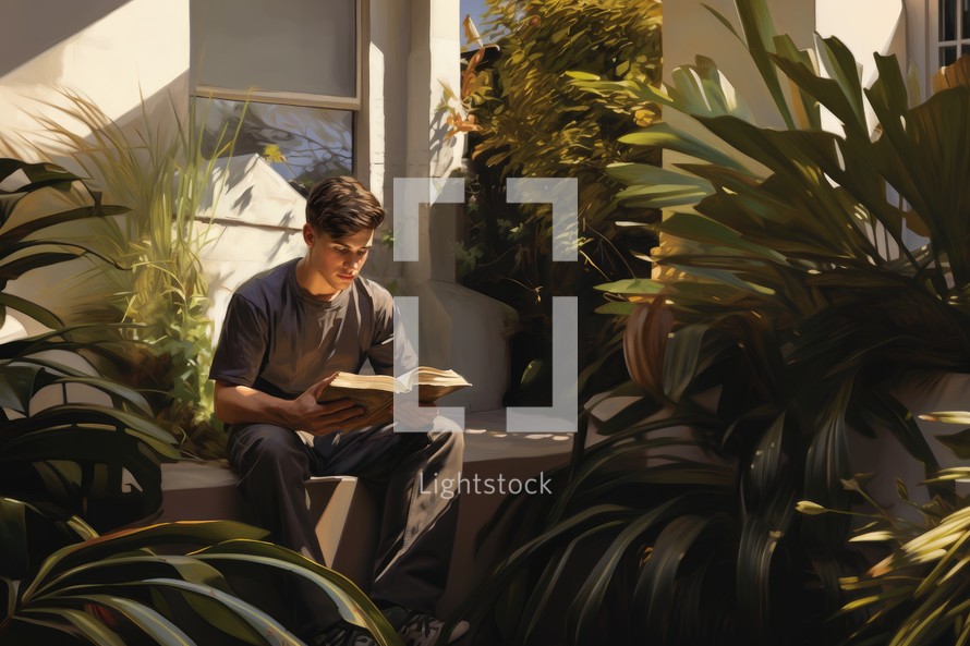 Young man reading the bible sitting on a terrace in the garden
