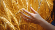 Hand Touch Wheat field cultivation grain. AI Generative