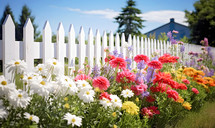 A Beautiful Spring Flower Garden Next to a Picket Fence  