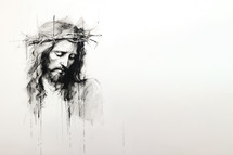 Sketch portrait of Jesus Christ with crown of thorns on white background with copy space