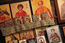 Eastern Orthodox Icons of Saints and the Holy Family.