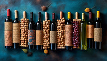 Wine bottles background with cork labels. AI generative