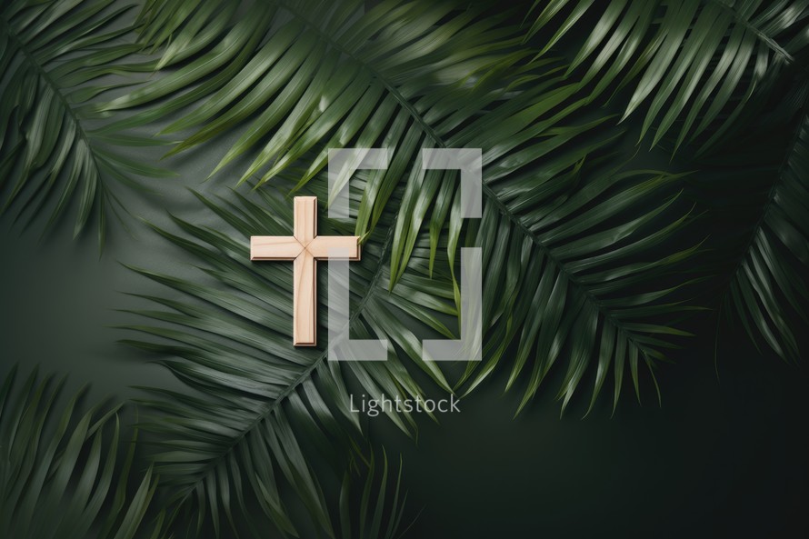 Wooden cross and palm leaves on dark green background, top view. Palm Sunday