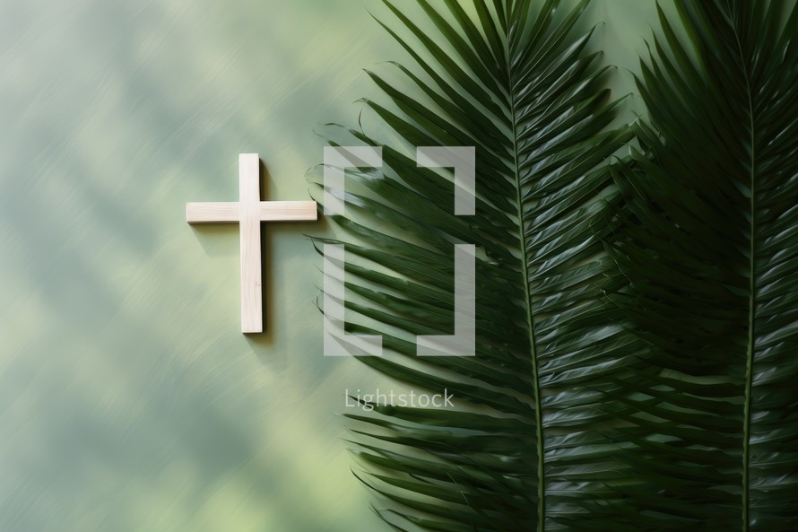 Wooden cross and palm leaves on green background. Christian concept.