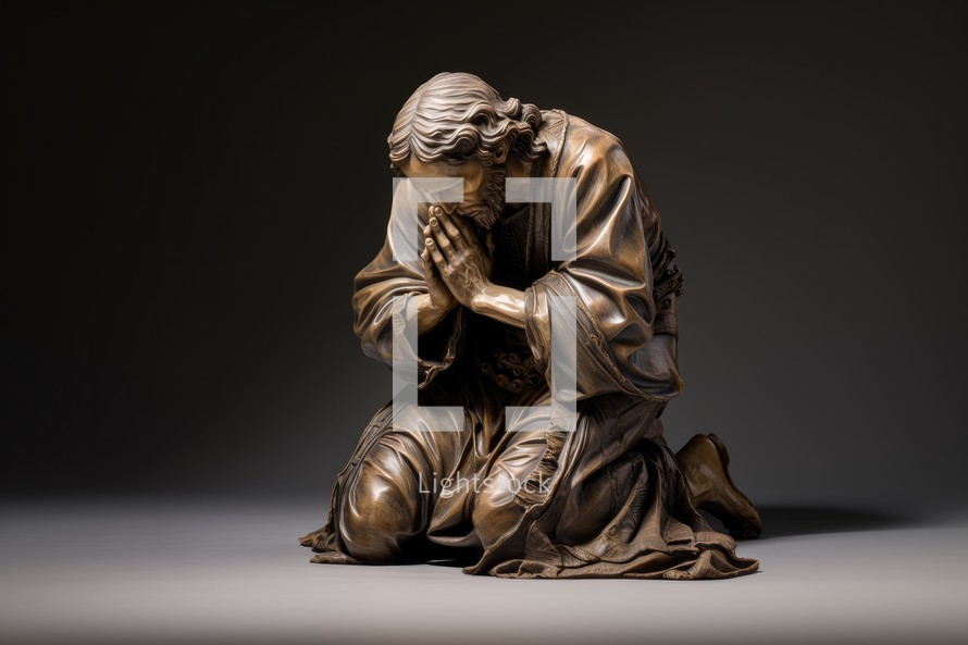 Statue of a man praying in front of a dark background