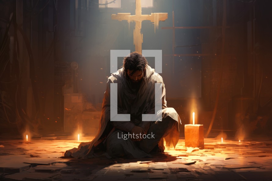 Man praying in front of a cross and burning candles in the church