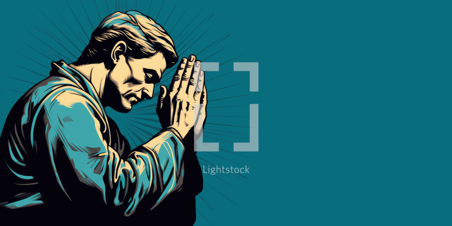 Praying man in vintage style. Pop art vector illustration.
