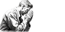Digital illustration of a man praying with hands clasped in prayer with copy space