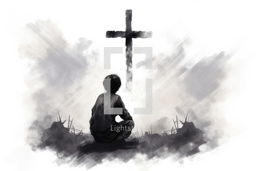 Silhouette of a boy praying with a cross in the background