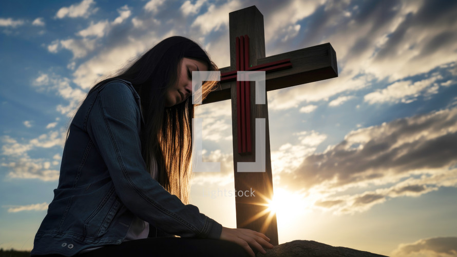 Young woman praying with a cross in the background at sunset. Christian concept.