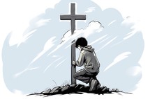 Boy praying on a hill with a cross in the background, vector illustration